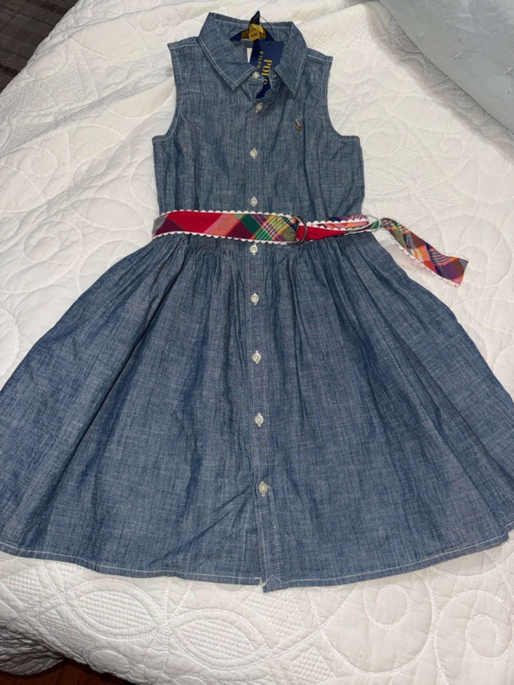Ralph Lauren Girls' Shirt Dress with Plaid Belt - Blue/denim color